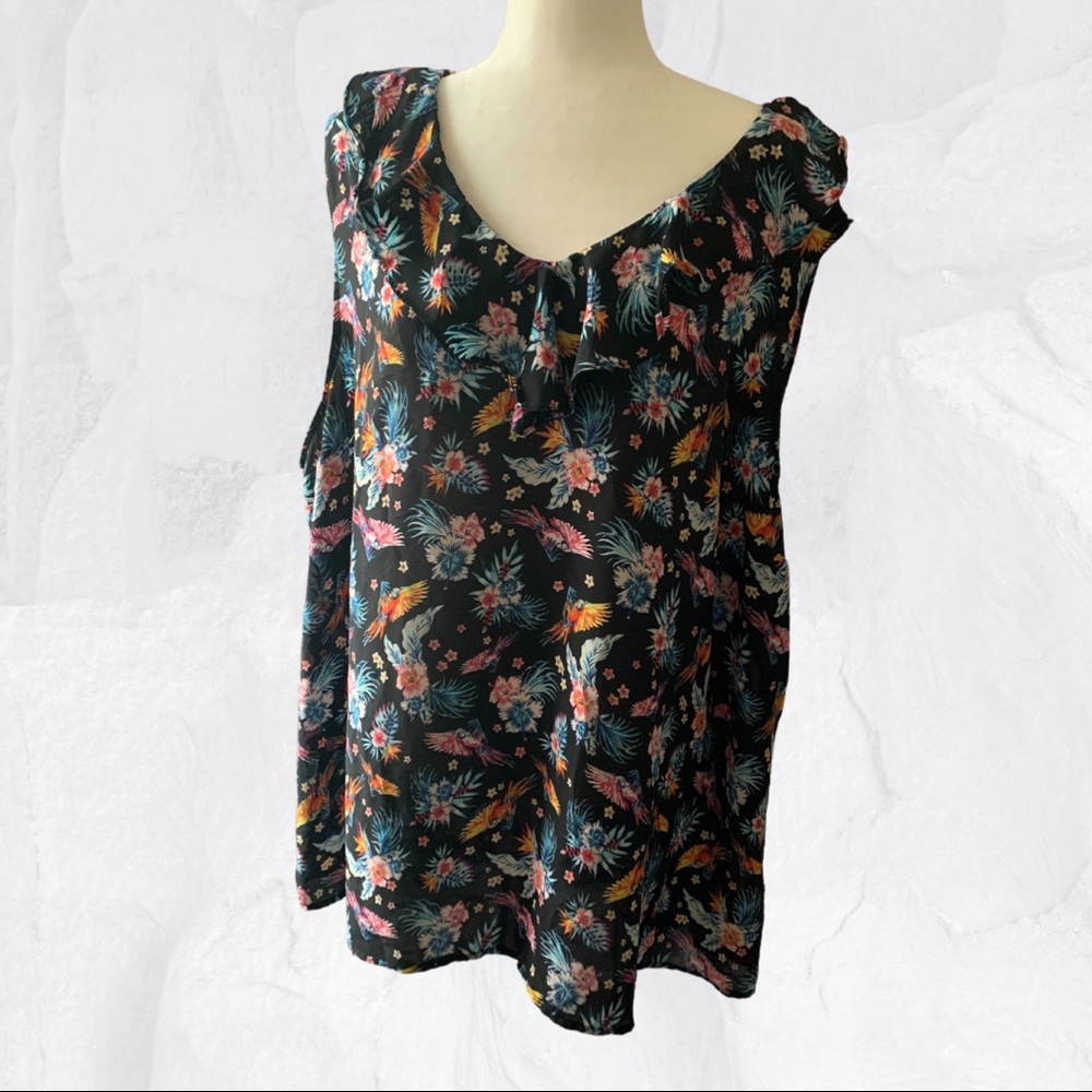Tropical bird floral print sleeveless top 3x
